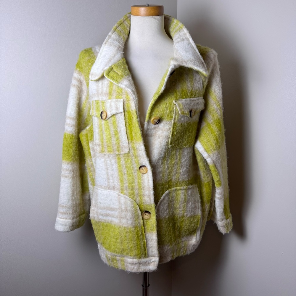 GARCONNE Plaid Oversized Button Up Teddy Bear Shacket CREAM-GREEN / MEDIUM